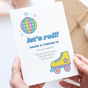 Rollschuh-Party Canva-Einladungsvorlage, Disco-Geburtstagseinladung, bearbeitbare Kinder-Geburtstagsfeier, Retro-Thema-Einladung, Sofort-Download