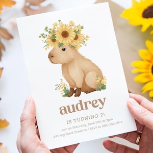Faire-part d'anniversaire Capybara | Fête des tournesols imprimable | Invitation mignonne d'animal de ferme | Modèle Corjl modifiable | Carte d'anniversaire bohème