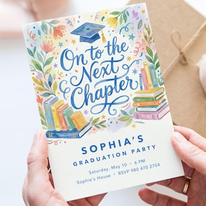 Editable Graduation Invitation Template, Next Chapter Grad Party Invite, Canva Watercolor Books, Digital Download, College High School