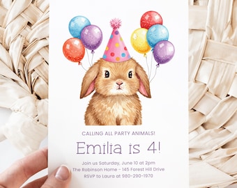 Bunny Birthday Canva Invite Template, Party Animal Invitation, Watercolor Rabbit, Balloons Customizable, Editable DIY Digital Design