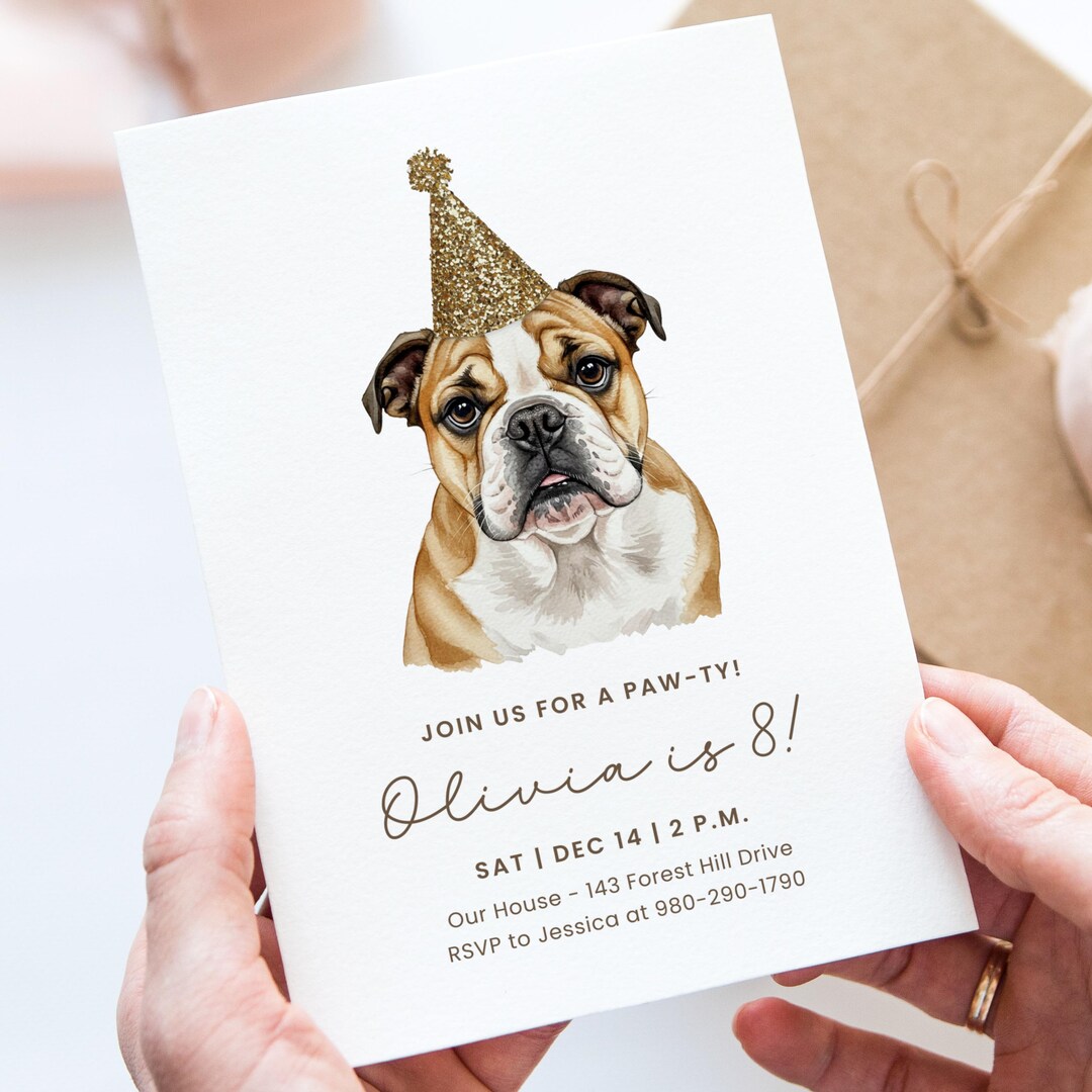 Bulldog Birthday Canva Invite Template, Dog Party Invitation Editable ...