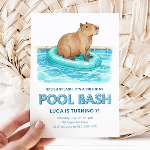 Capybara Pool Party, Canva Invite Template, Birthday Bash, Cute Animals, Summer Celebration, Edit Online, Kids Party, Printable