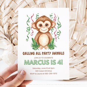 Monkey Birthday Invite, Canva Template, Jungle Animals Party, Editable Invitation, Cute Monkey Design, Party Animals Theme