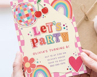 Editable Let's Party Birthday Invite Canva Template, Retro Groovy Disco Rainbow Birthday Invitation, Preppy Pink Checker Kids Party Invite