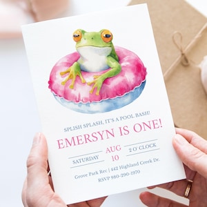 Faire-part d'anniversaire grenouille au bord de la piscine, modifiable 1er anniversaire inviter une fille, modèle de fête d'été grenouille aquarelle