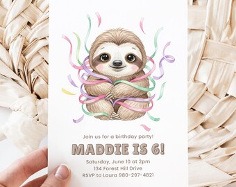 May include: A birthday party invitation featuring a watercolor illustration of a smiling sloth surrounded by colorful ribbons. The text "MADDIE IS 6!" is prominently displayed, along with party details.