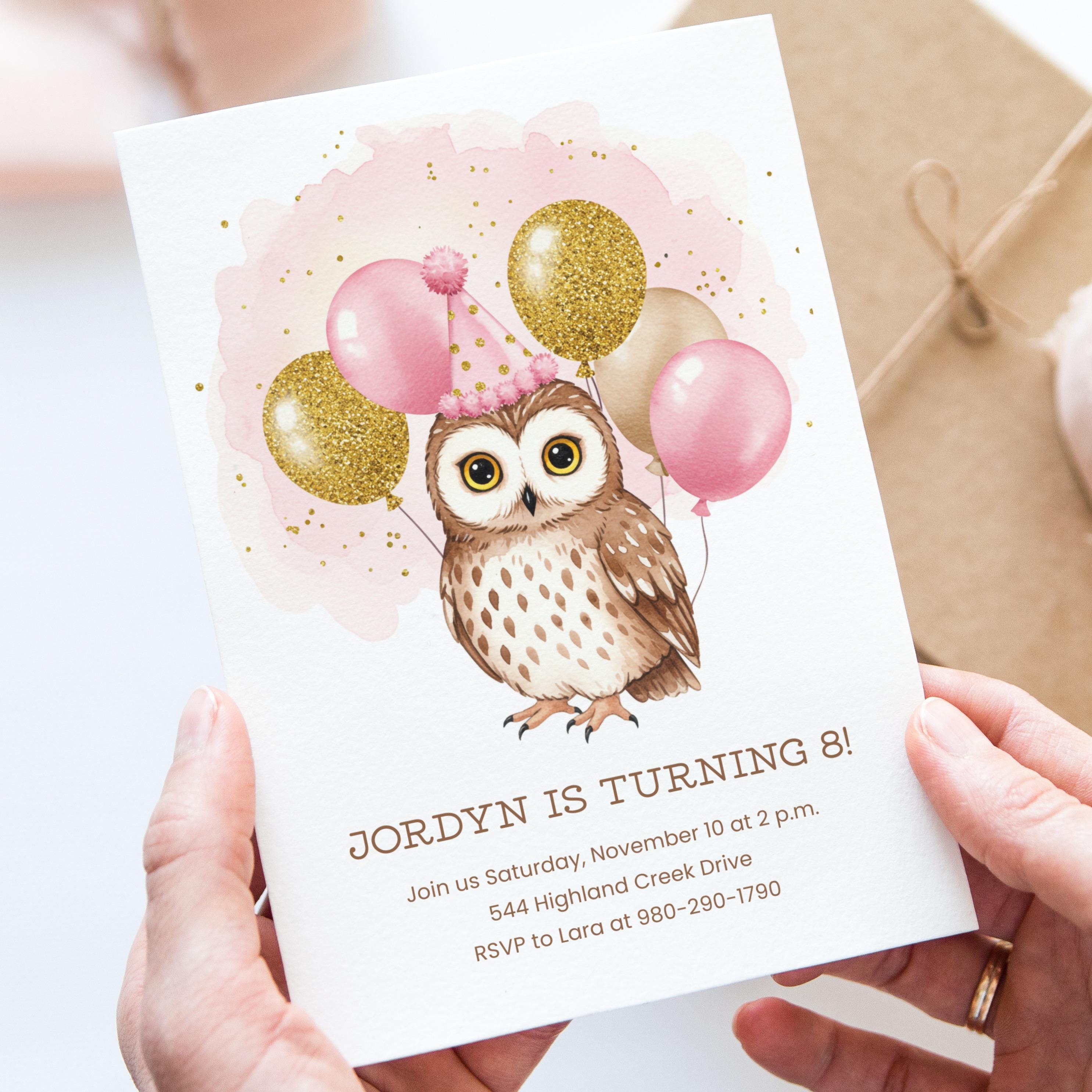 Owl Birthday Canva Invite Template, Watercolor Party, Girl Birthday Invite, Cute Owl, Balloons, Edit