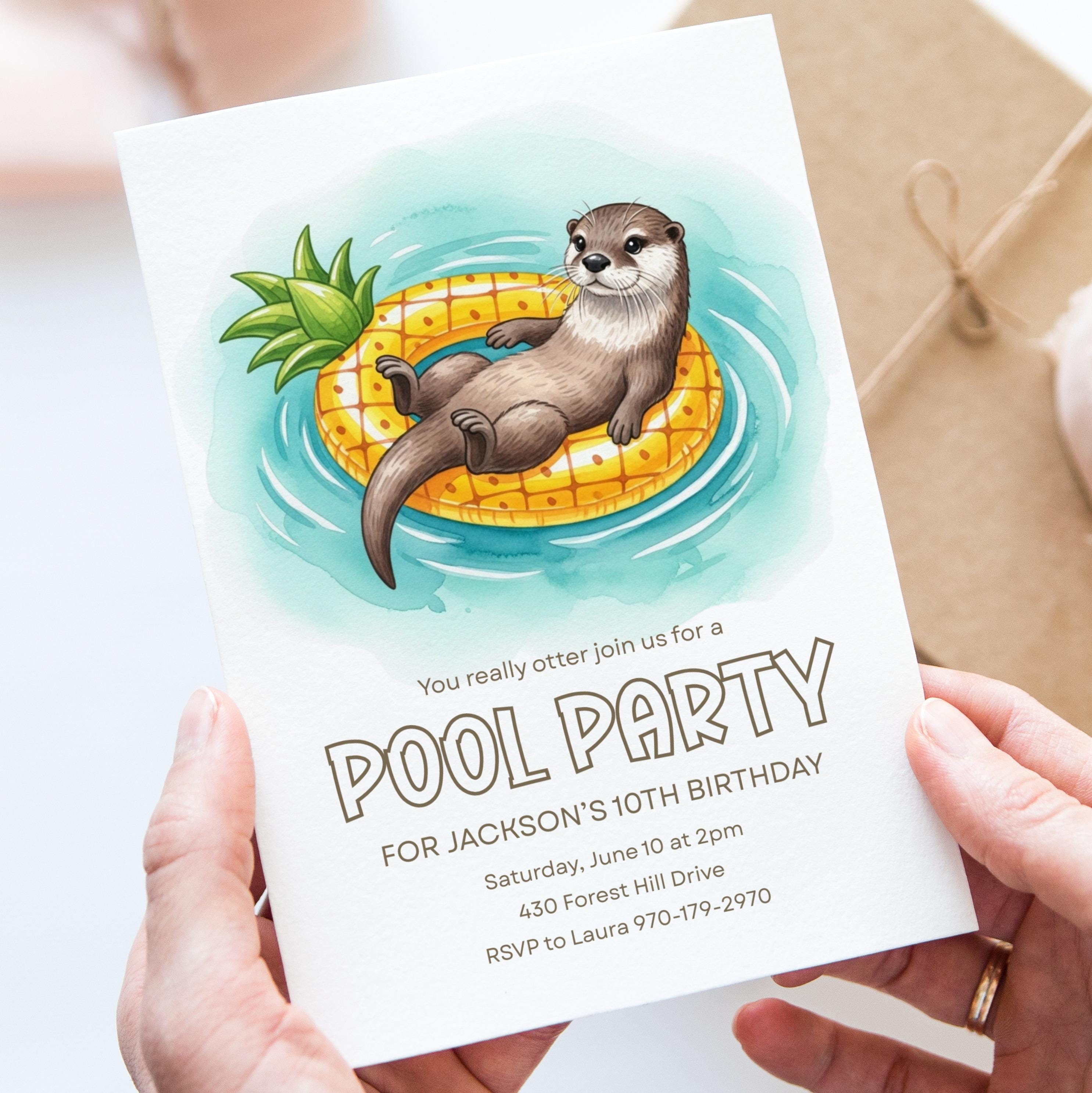 Plantilla de invitación de Canva para fiesta en la piscina con nutrias, linda invitación para fiesta de cumpleaños, plantilla imprimible con temática de verano, diseño de invitación editable