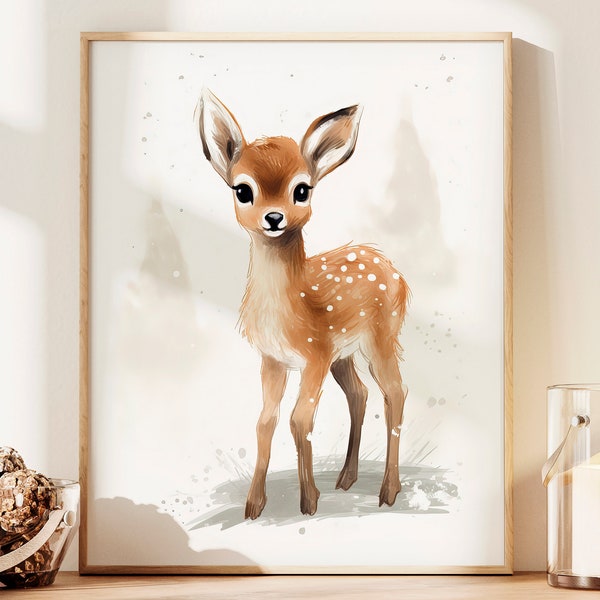 Watercolor Fawn Christmas Printable, Vintage Inspired Wall Art, Cute Deer Christmas Home Decor, Printable Poster, Gold and Brown, Download