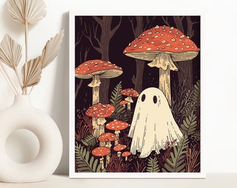 Wunderlicher Geist mit Pilzen Druck | Boho Wald Kunst | Niedliches Halloween-Dekor | Pilz Illustration | Druckbare Kunst