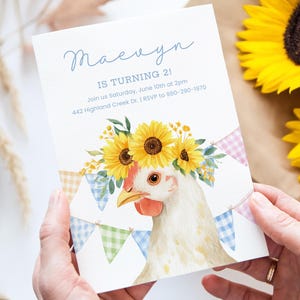 Invitation d'anniversaire de poulet modifiable avec des tournesols | Faire-part de fête de fille de ferme | Modèle Corjl | Carte de fête imprimable Vichy