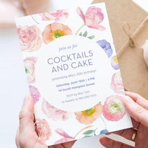 Cocktails and Cake Spring Flowers Birthday Invitation for Any Age, Adult Floral Birthday Party Invite, Digital Download, CORJL Template