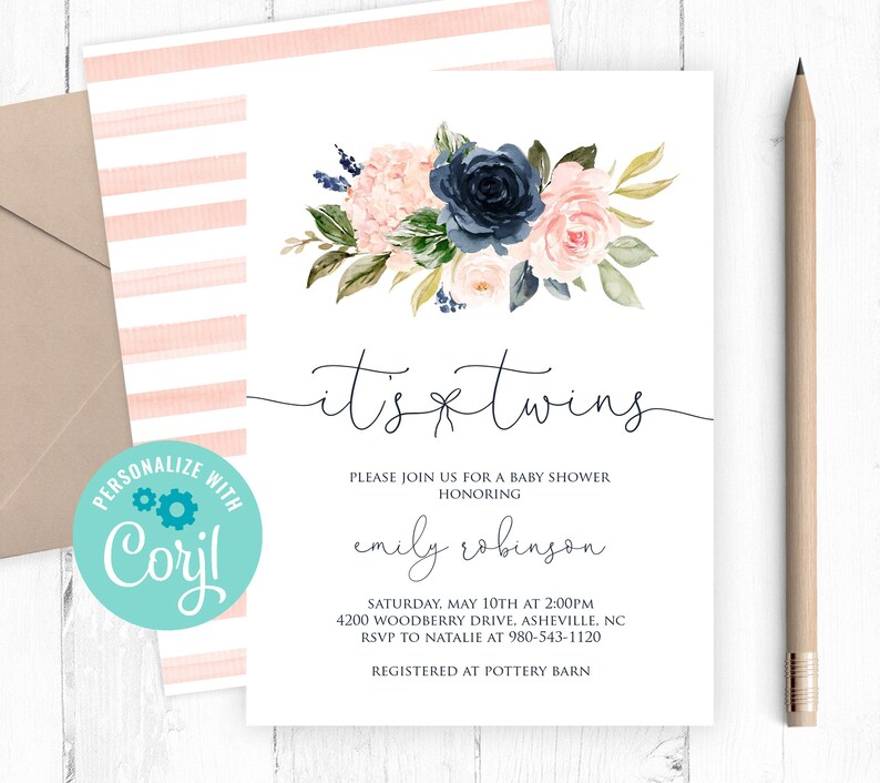 editable twins baby shower invitation template, navy blue and blush pink,  back design, floral baby shower invite, edit yourself, corjl