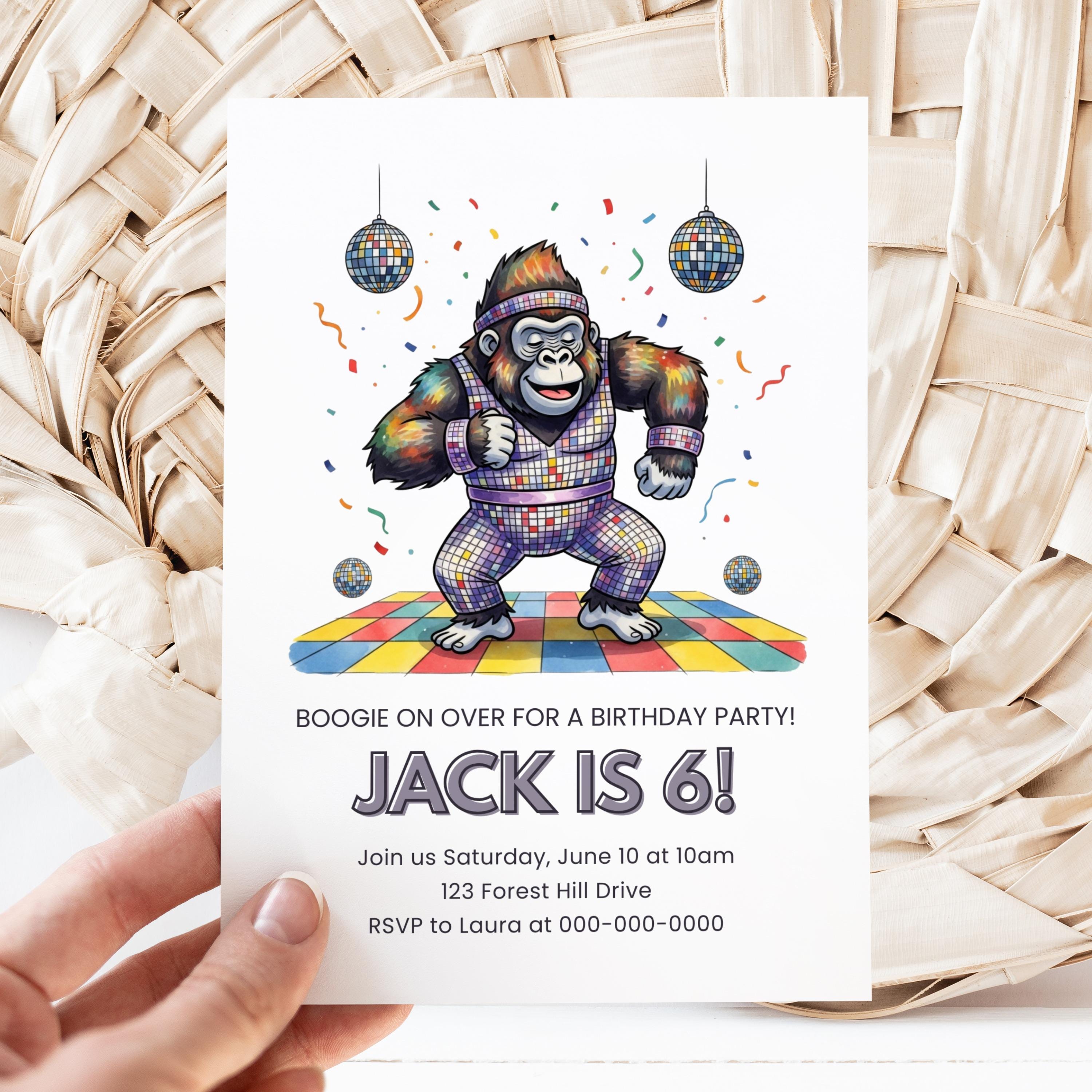Disco Gorilla Birthday Canva Invite Template, Editable Party Invitation,  Funky Animal, Boogie Party, Customizable Any Age - Etsy, image size:3000x3000