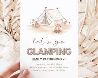 Glamping Geburtstag einladen Canva Vorlage, Camping Party Einladung, Hinterhof Camping Sleepover, bearbeitbare druckbare einladen, Zelt Lagerfeuer
