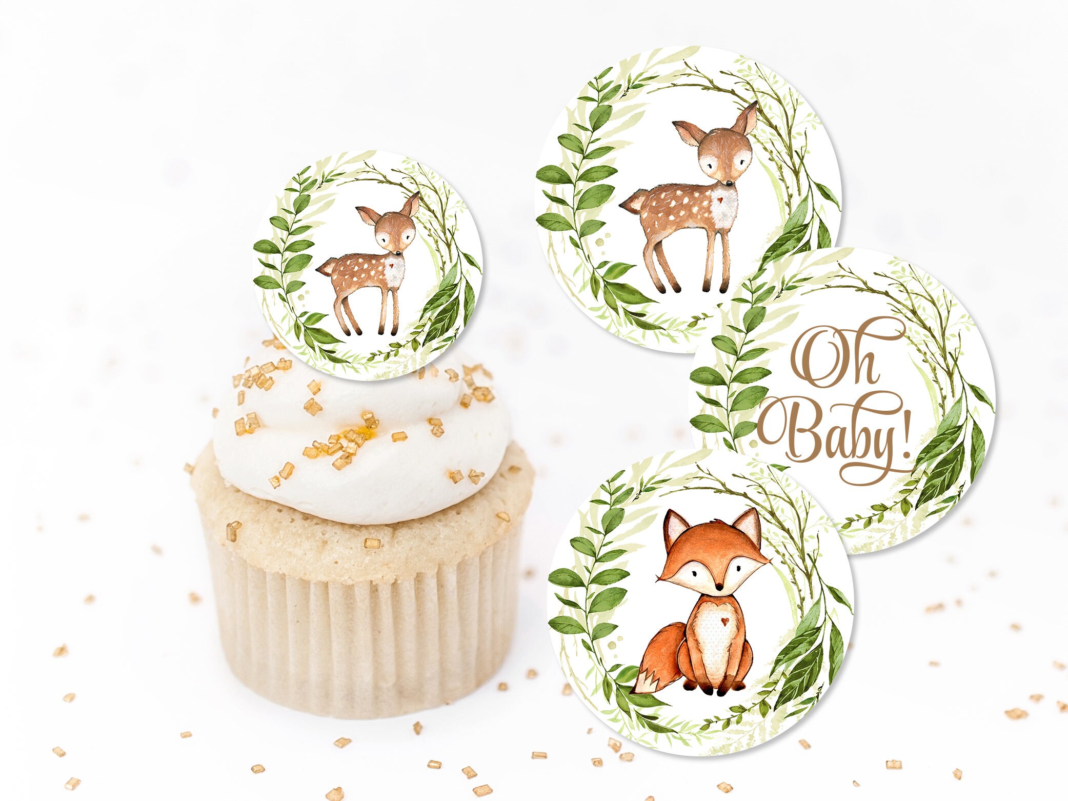 Woodland Oh Baby Shower Cupcake Toppers Favor Stickers Etsy