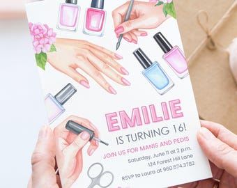 Inbjudningsmall för nagelsalong, Canva-inbjudan, spa-födelsedagsinbjudan, manikyr-pedikyrfest, anpassningsbar digital mall, redigerbar utskrivbar