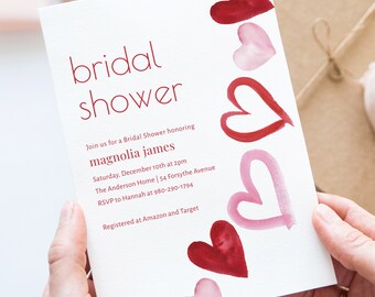 Valentine's Day Bridal Shower Invitation, February Wedding Shower Invite Template, Red and Pink Hearts, CORJL Digital Invite Template, DIY