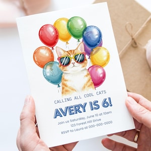 Cool Cat Birthday Canva Invite Template, Cute Kitten Balloons Party Invitation, Editable Kids Birthday Party, Fun Printable Invite