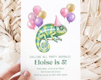 May include: A white invitation card featuring a watercolor illustration of a chameleon wearing a party hat and holding balloons. The text reads "CALLING ALL PARTY ANIMALS! Eloise is 5!" with event details.