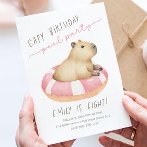 Capybara Pool Party Geburtstagseinladung, lustige bearbeitbare Sommereinladung für Kinder, niedliches Tierthema