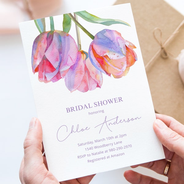 Spring Tulips Bridal Shower Invitation Template, Printable Editable Digital Download Pastel Tulips Floral Spring Market Garden Party Wedding