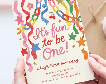 It's Fun to Be One Canva Invite Template, Colorful 1st Birthday Invitation, Retro Paper Chain Streamers Kids First Birthday Party Editable