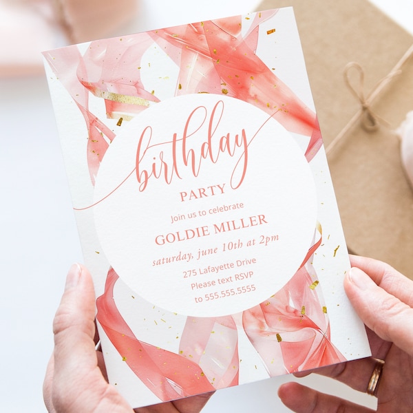 Coral and Gold Streamers Birthday Invitation Digital Download Editable Template Printable Invite Any Age Adult Birthday Custom Age Birthday