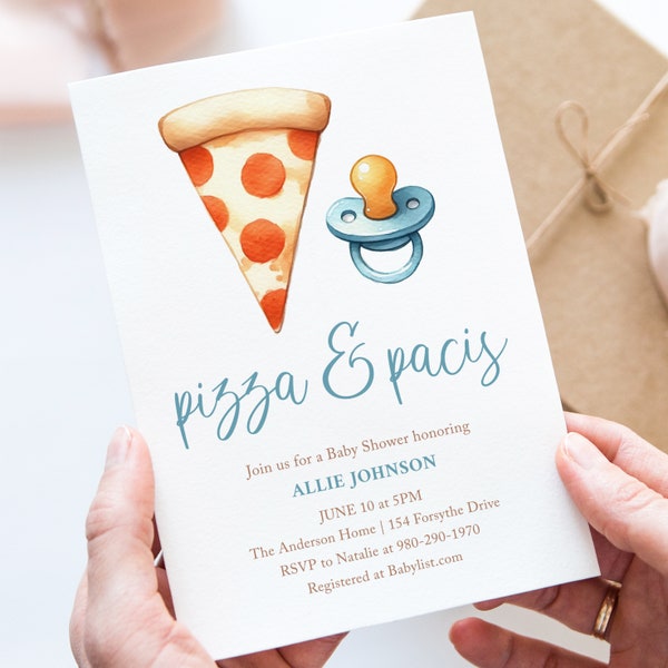 Pizza and Pacis Shower Invitation Template, Pizza Party Baby Shower, Printable Editable Invite, Gender Neutral, Pizza and Pacifiers