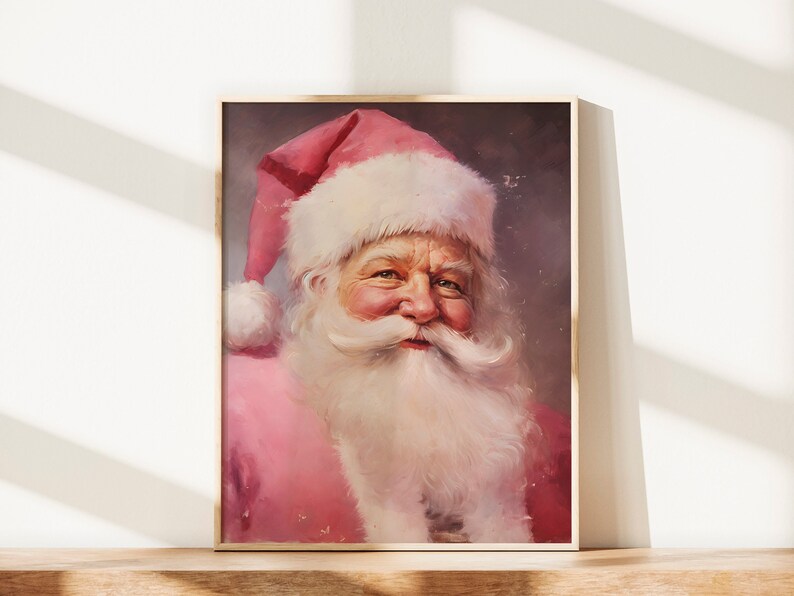 Shabby Pink Santa Christmas Printable Art Print 16x20 8x10, Cottagecore Pink Christmas Wall Art, Gallery Art, Mantle Decor, Pastel image 1