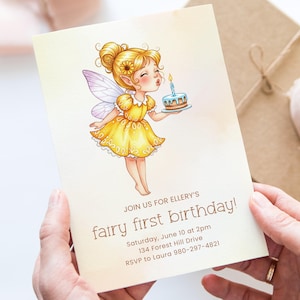 Fairy First Birthday Canva Invite Template, Girl Birthday Party Invitation, Customizable Digital Invitation, Fairy Tale Theme Party