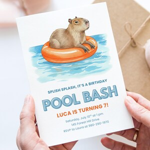 Capybara Pool Party Canva Invite Template, Cute Birthday Invitation, Summer Bash, Editable Digital Download, Kids Birthday Party