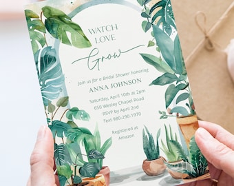 Kamerplant bruids douche uitnodiging sjabloon afdrukbare bewerkbare digitale download Plant thema Jungle planten tropische planten groen