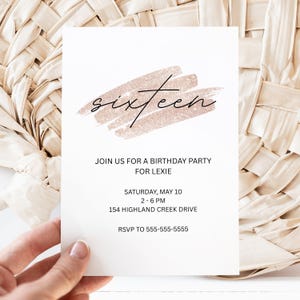 Sweet Sixteen Birthday Canva Invite Template, Glitter Design, Editable Invitation, 16th Birthday Party, Digital Download