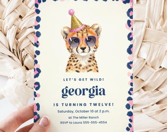 Invitación de cumpleaños de guepardo, plantilla de Canva, invitación de Wild One, fiesta de cumpleaños de niña, plantilla personalizable, fiesta temática de animales