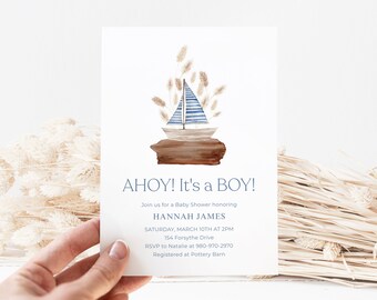 Ahoy It's a Boy Sailboat Baby Shower Invitation Template Surf Baby Shower Invite Printable Digital Download Editable CORJL Template Beach