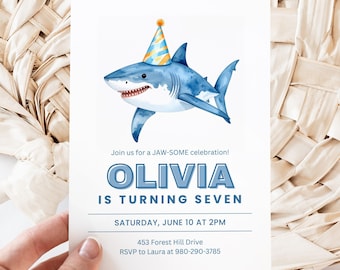 Shark Birthday Invitation Canva Template, Boy Birthday, Ocean Theme Party, Editable Printable Invite, Under The Sea Party, Jawsome Invite
