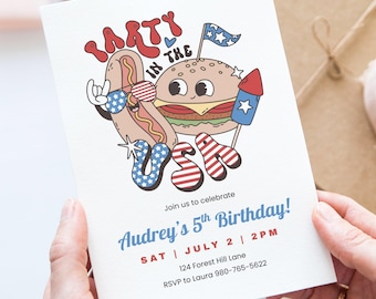Party in the USA Canva Invite Template, Patriotic Birthday Party, Editable 4th of July Invitation, Summer BBQ, Hot Dog and Burger