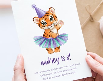 Modelo de convite de aniversário de tigre fofo no Canva, festa de tigre bailarina, convite de aniversário de menina, modelo editável no Canva, festa infantil