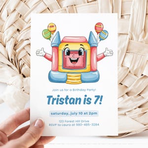 Modelo de convite para castelo inflável no Canva, convite para festa de aniversário infantil, convite para festa para imprimir, aniversário com castelo inflável, cartão editável
