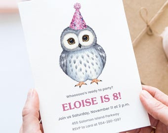 May include: A white invitation card featuring a watercolor illustration of a gray and white owl wearing a pink party hat. The text reads "ELOISE IS 8!" with party details. The card is held by a person.