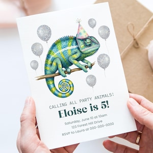 Modelo de convite de aniversário de camaleão no Canva, convite de festa com animais, cartão editável de réptil, comemoração infantil, download digital