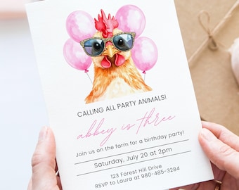 Farm Birthday Canva Invitation Template, Chicken Party Animals Invite, Editable Kids Birthday Invitation, Farm Theme Birthday Party
