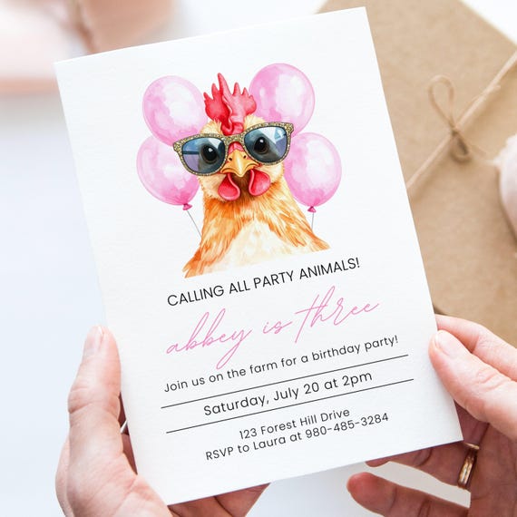 Farm Birthday Canva Invitation Template, Chicken Party Animals Invite, Editable Kids Birthday Invitation, Farm Theme Birthday Party
