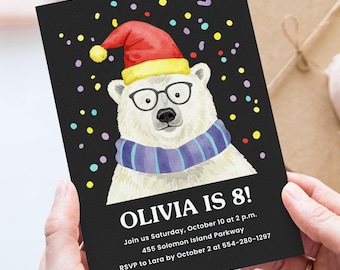 May include: Black invitation card featuring a cartoon polar bear wearing a Santa hat, glasses, and a scarf. The text "OLIVIA IS 8!" is displayed, along with event details. Colorful confetti dots are scattered across the background.