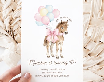 Horse Birthday Canva Invite Template, Pony Birthday, Balloons Birthday Invite, Girl Birthday, Editable Template, Printable Invitation