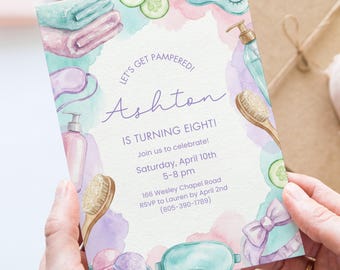 May include: A watercolor spa-themed invitation with the text "Let's Get Pampered!" and "Ashton is Turning Eight!" The design includes illustrations of spa items like cucumbers, eye masks, and bath products. The invitation is held by a person.