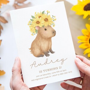 Fille d'invitation d'anniversaire Capybara tournesol | Faire-part animal de ferme bohème | Modèle Corjl modifiable | Carte d'anniversaire imprimable pour tout-petit