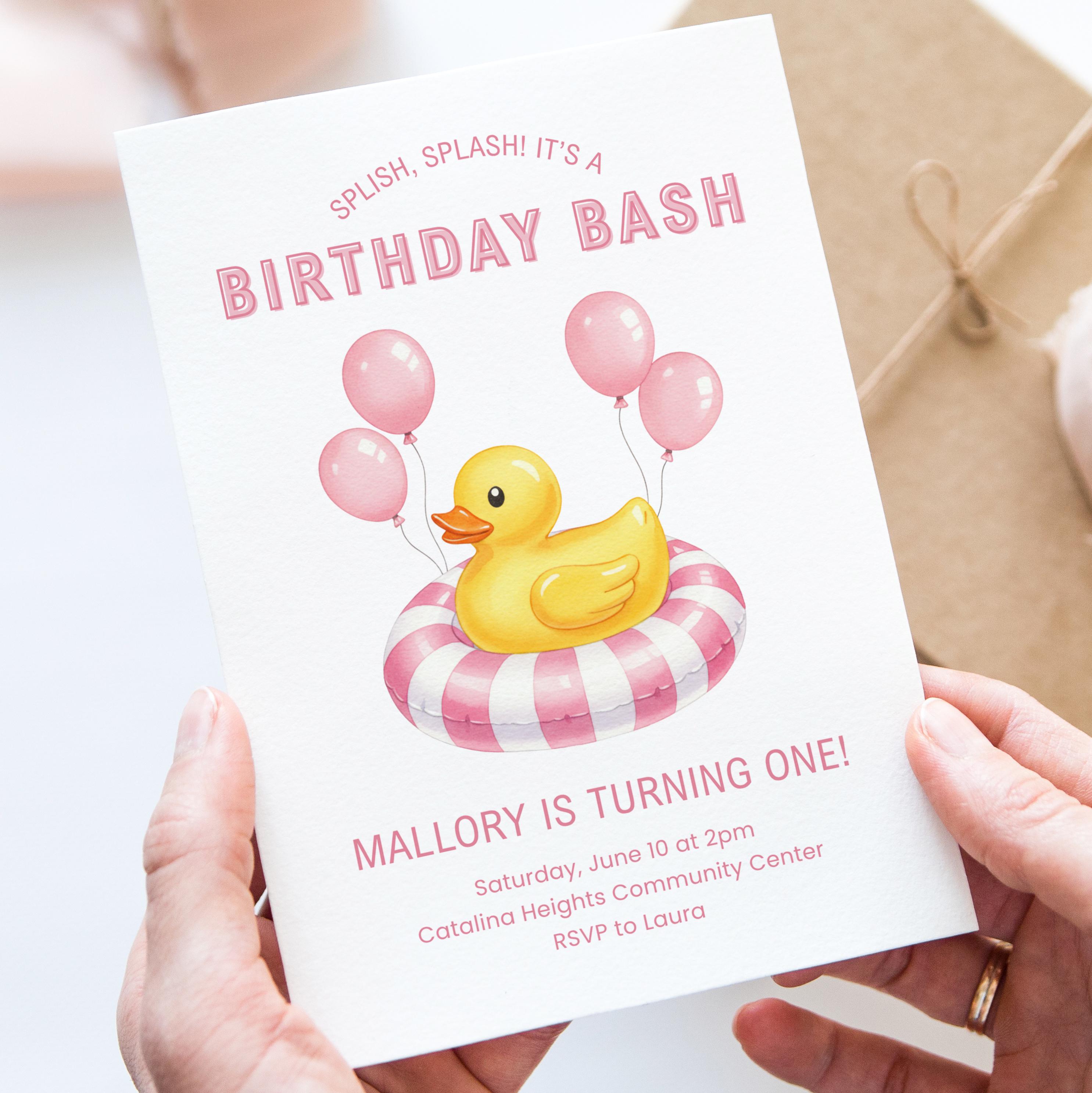 Duck Birthday Canva Invite Template, Splish Splash Party, Girl 1st