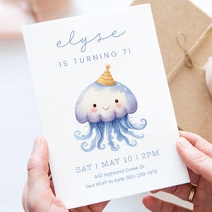 Convite de aniversário de água-viva, convite para festa de garota do oceano, modelo Corjl editável, tema submarino, água-viva em aquarela, download instantâneo
